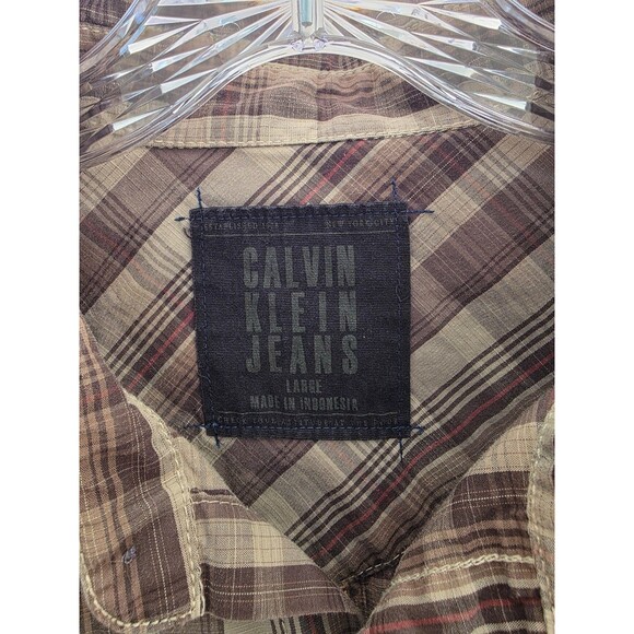 Mens Calvin Klein Jeans Brown Plaid Button Down Shirt Size Large - Picture 2 of 8